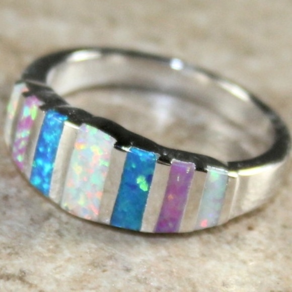 Fire Opal Ring Blue Pink and White - Picture 1 of 3